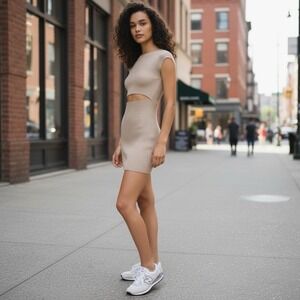 Wilfred Free Cutout Ribbed Mini Dress Tan Cap Sleeve Bodycon Aritzia Large NWOT